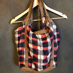 Red and blue plaid slouch silk bag